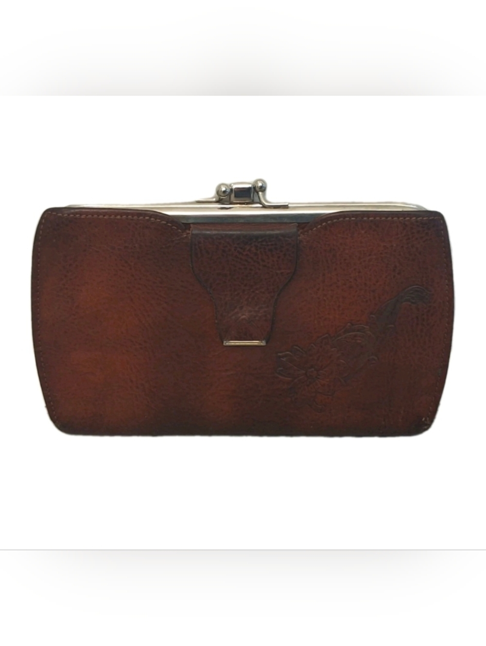 Vintage Meeker Genuine Steerhide Brown Leather Clutch Wallet Floral Embossed 60s